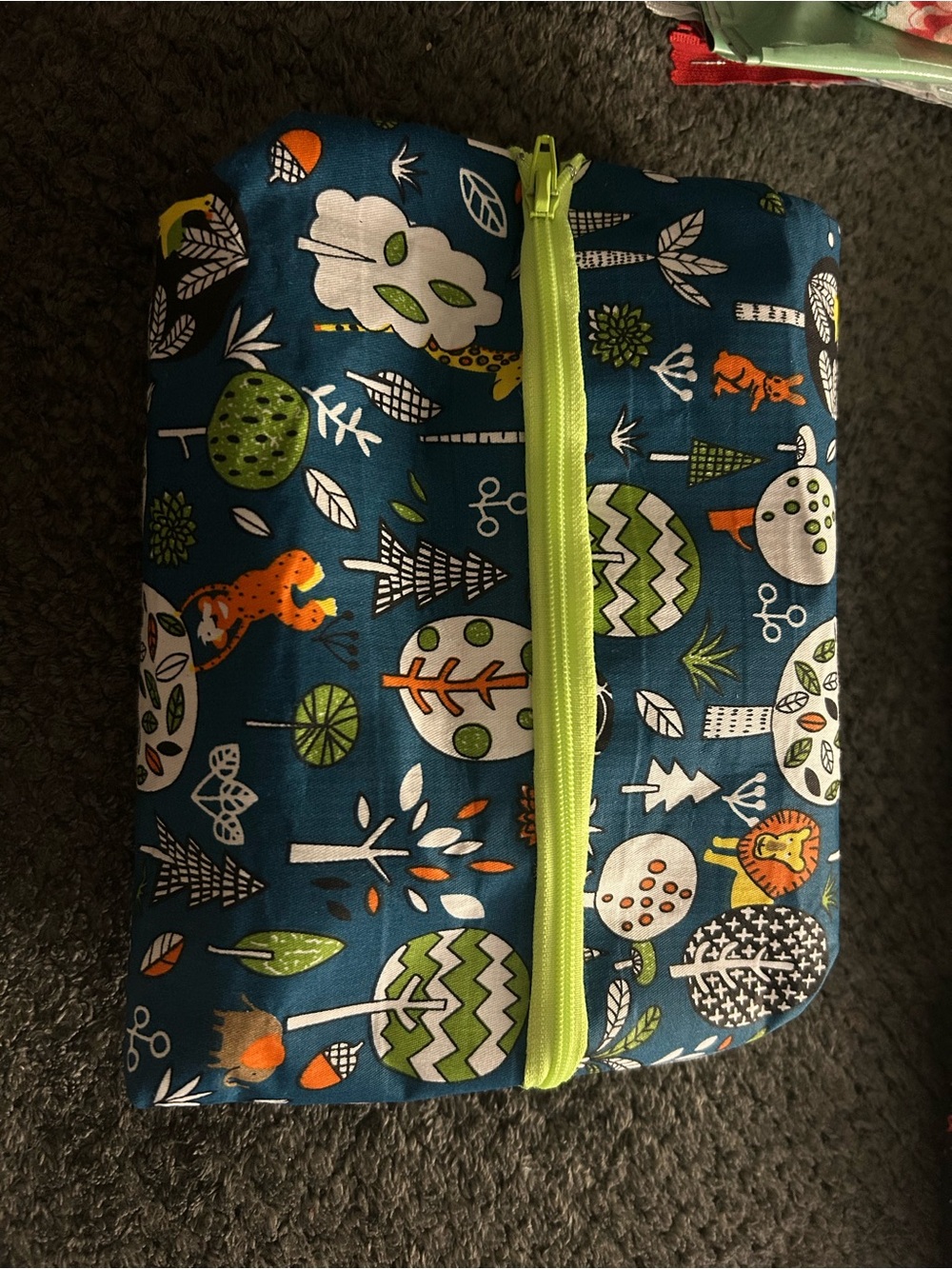 Handcrafted Kids Forest Print Zipper Pouch - Blue with Lime Green Zip